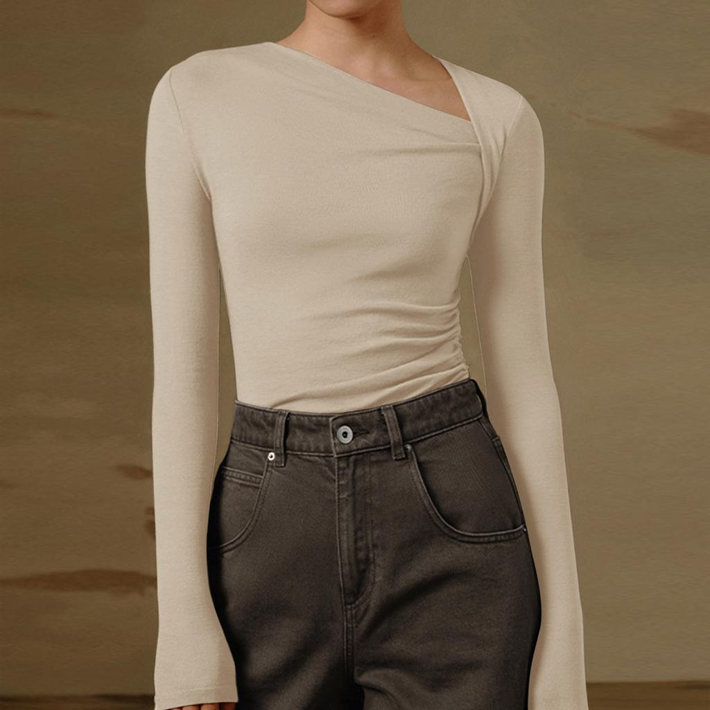 Women's Sexy Slant Neck Long Sleeve Solid Colour Inner Temperament Elegant Top