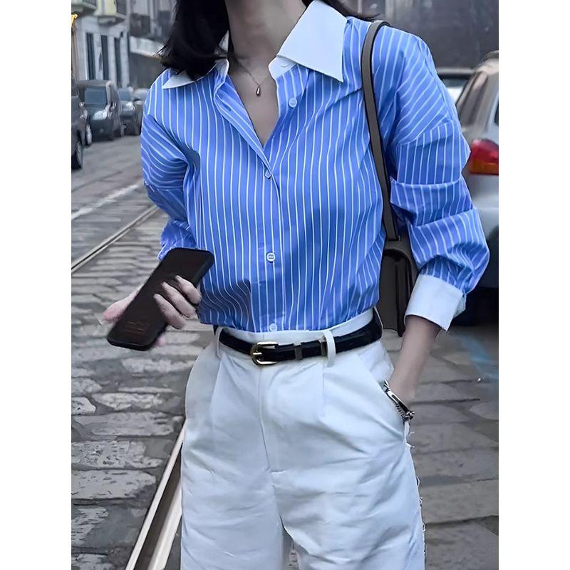 

French style Polo Collar Stripe Shirts Women Spring and Autumn Long sleeve 2025 New Design Sense Niche Top Younger Shirt