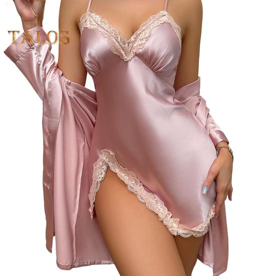 

Женские сексуальные атласные шелковистые пижамные комплекты, кружевная ночная рубашка с халатом, мини-ночная рубашка, костюм из 2 предметов, сорочка, одежда для сна XL розовый