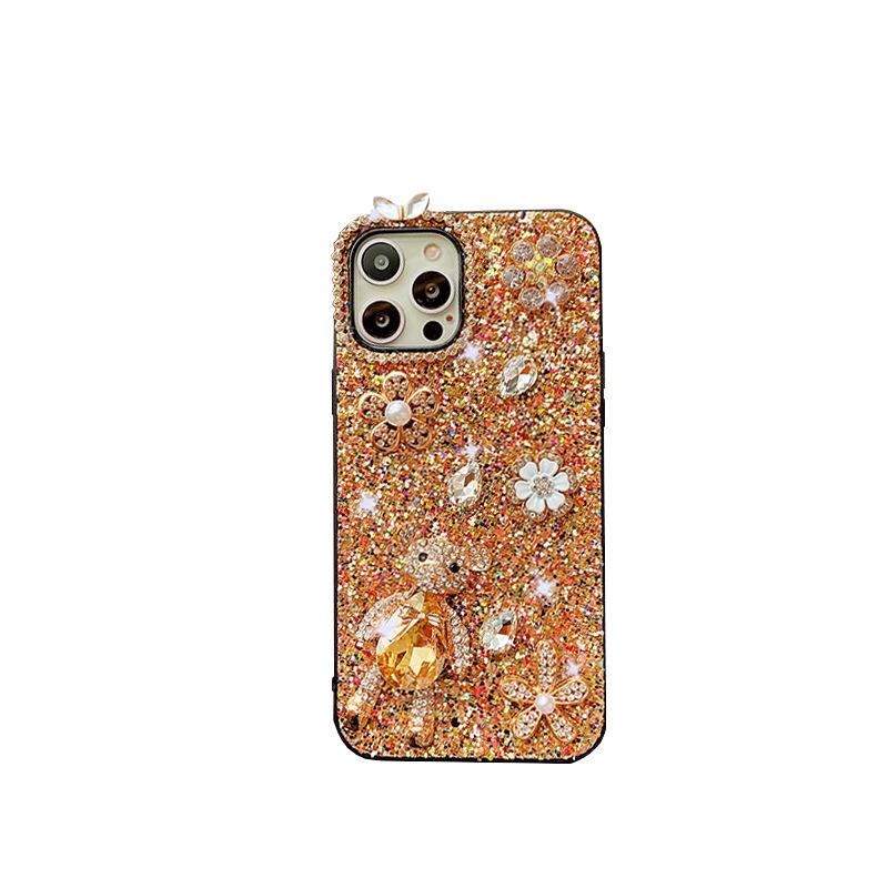 Apple 16Promax Mobile Phone Case Is Suitable For Apple 17 Glitter 14Plus Bear 13Pro Rhinestone Woman