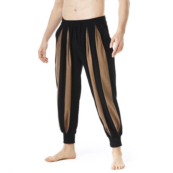 Men Pants Cotton Linen Casual Trousers Loose Fit Elastic Waist Color Block Design Relaxed Fit Long Pants Daily Wear