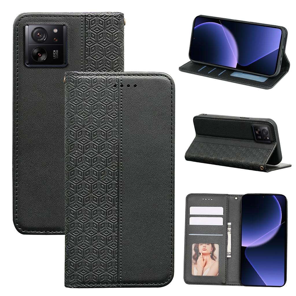 For Xiaomi 14T Wallet Phone Case Strong Magnetic Checkered Pattern Imprint Leather Flip Cover