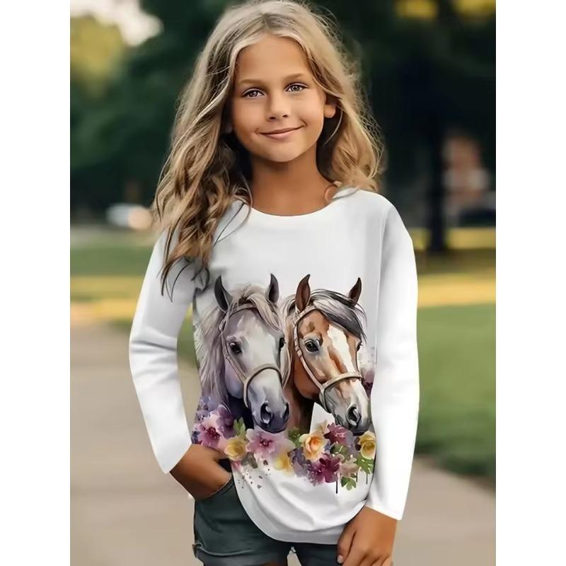 Girl Clothes Fashion Horse 3D Print Kids Long Sleeves T-Shirt Loose Casual Autumn Tops Outdoor Comfortable Children's Clothing