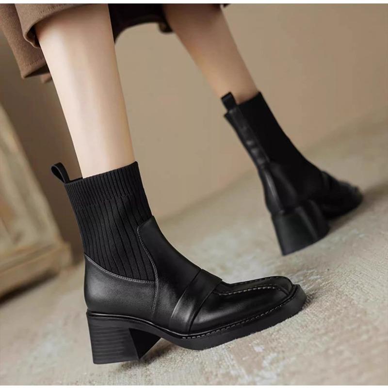 Retro Knitted Tube Thick Heel Short Boots Women's Autumn and Winter New Square Head Soft Leather Thin Boots High Heel Elastic Socks Boots