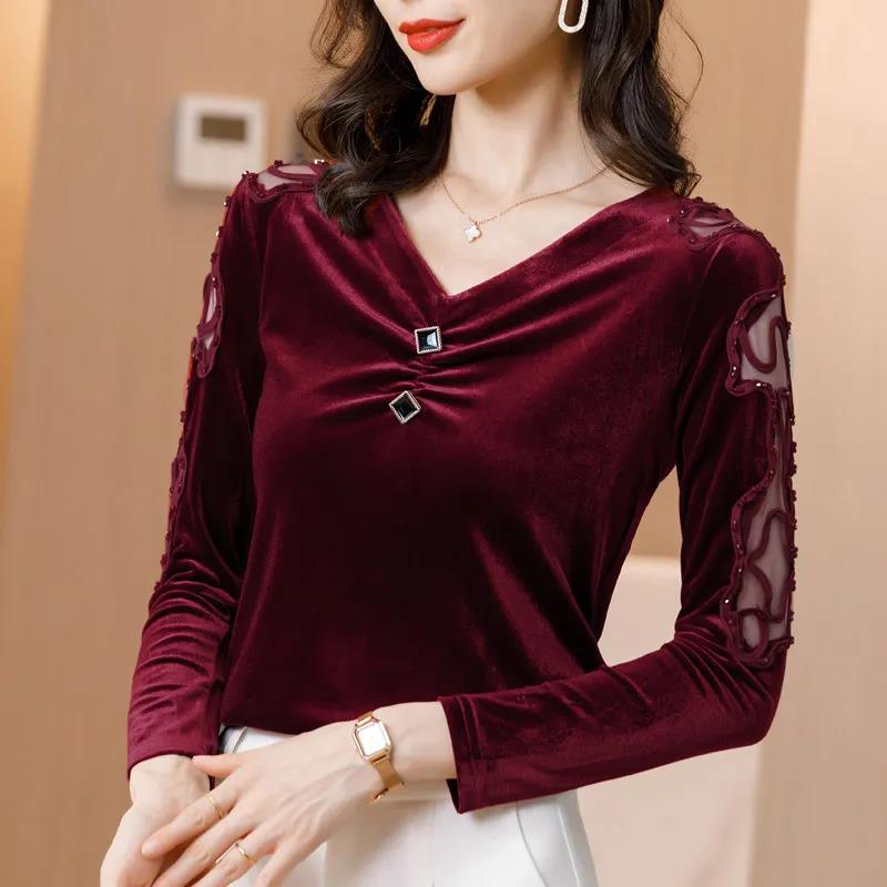 

Женская блузка Pleuche Top Женский осенне-весенний кружевной пуловер с v-образным вырезом и длинными рукавами XXXL красный