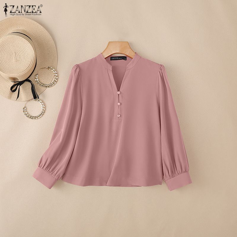 ZANZEA Damska luźna bluzka z dekoltem w serek i jednolitym kolorem, z rękawami 3/4