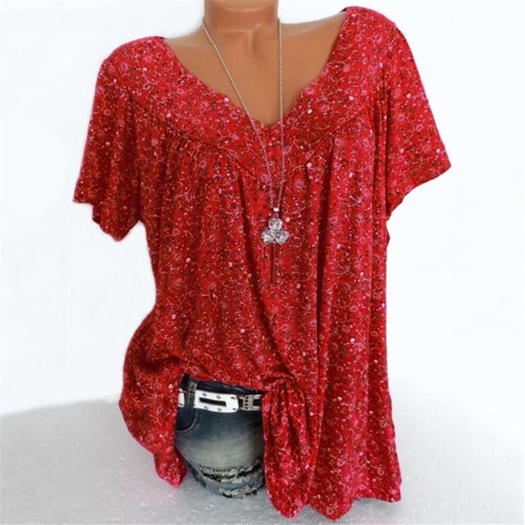 Large Size, Floral Top, V-neck, T-shirt, Loose Fit, Short Sleeved, Printed T-shirt
