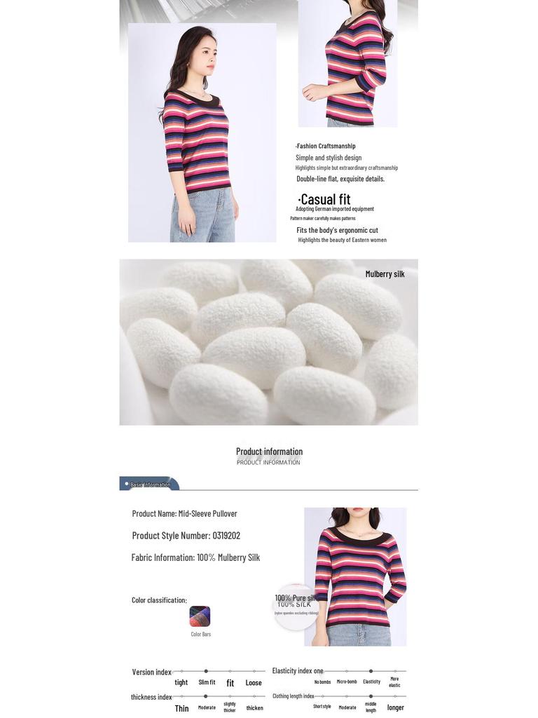 Yanu Mid-Sleeve Striped Color-Block Knit Pullover