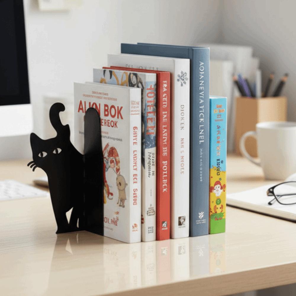 Durable Iron Metal Bookend Black Metal Book Holder Cute Cat Bookend  Home Library
