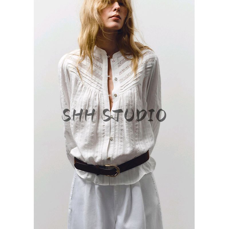 Spring New Women clothes Frill Decorative round Neck Long sleeve Vertical Lace Romantic Style Shirts 8372044