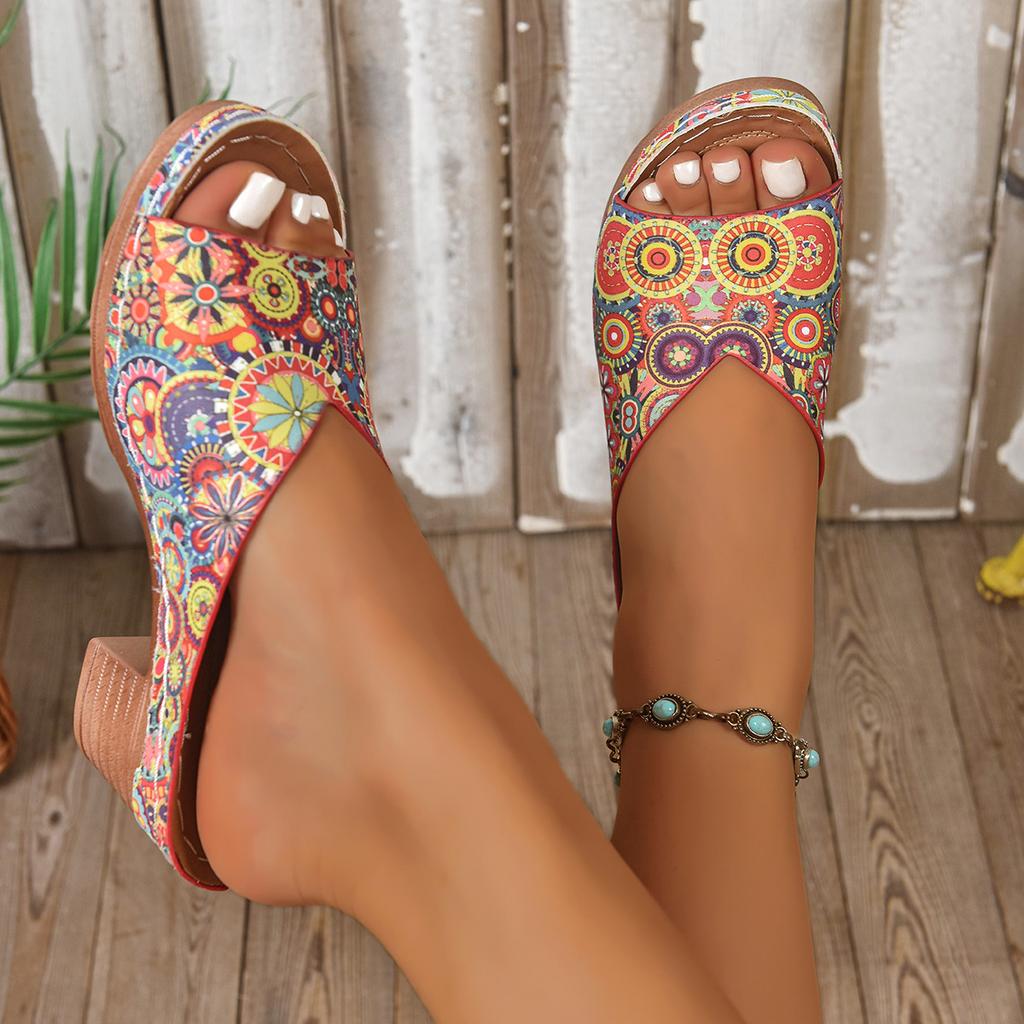 Kadın Kontrast Renkli Topuklu Sandalet, Burnu Açık Topuklu Yumuşak Tabanlı Ayakkabı, Rahat Dış Mekan Yazlık Sandalet