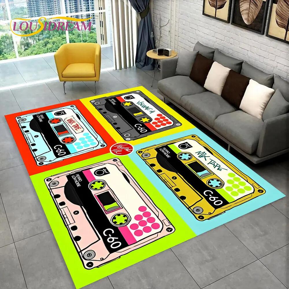 Alfombra de Área Grande con Patrón de Cinta de Cassette de Música Retro, Alfombra para Sala de Estar, Dormitorio, Sofá, Felpudo Decorativo, Felpudo Antideslizante
