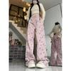 Pink Design Sense Bear Print Straight Leg Jeans Women Autumn Small Tall Waist Loose Slim Wide Leg Pants Trend