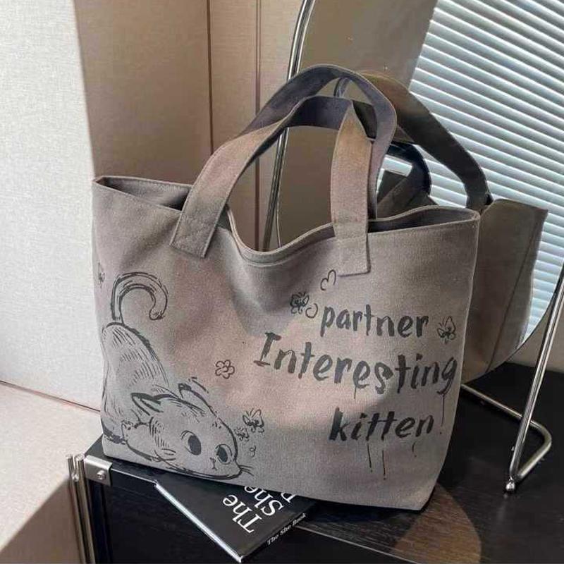 Carto Canvas Tote Bags Creative Cat Print Shoulder Bags Casual Versatile Large Capacity Handbags New Popular Student Backpacks