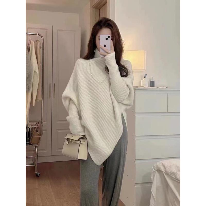 Women's Pure Wool Thickened Turtleneck Sweater, Irregular Loose Knit, Cozy Autumn/Winter Style