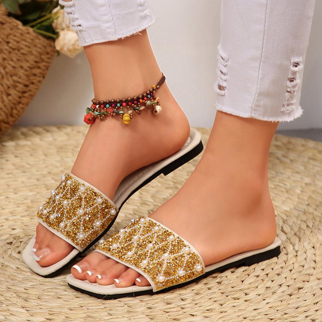 [Foreign Trade] Flat-bottomed Temperament Sequined Cool Slippers Women's Shoes Wear Soft-soled High-end Silver Sandals