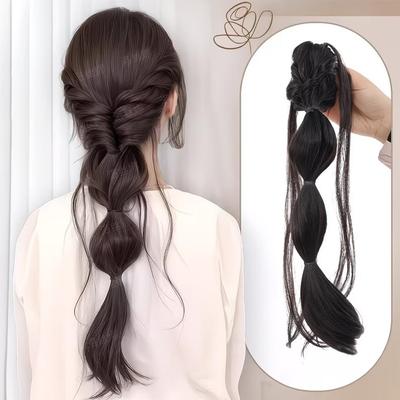 Bubble Braid Ponytail Wig with Claw Clip and Dragon Beard 16 Inch Straight Hair Wig with Bubble Braid Ponytail