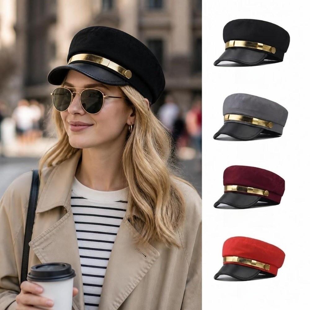 Cotton Captain Hat PU Leather Flat Top Beret Classic Sailor Cap  For Men Women