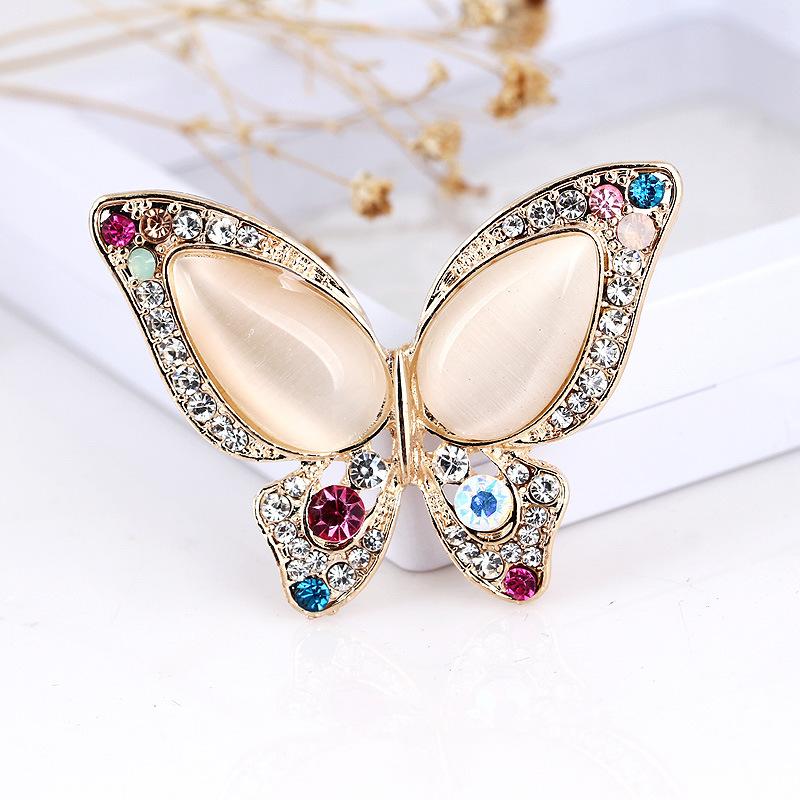 Colored Diamond Cat's Eye Butterfly Brooch Realistic Simple Stone Design Women's Fashion Temperament Versatile Daily Corsage Pin Jewelry