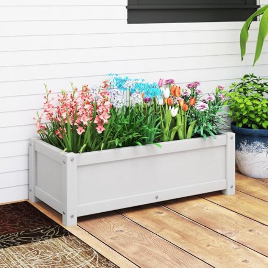 HDPE Raised Planter Box Outdoor Rot-Resistant and Non-Cracking Rectangle Planter 29.5 14.4 9.8 In White with Drainage Holes for