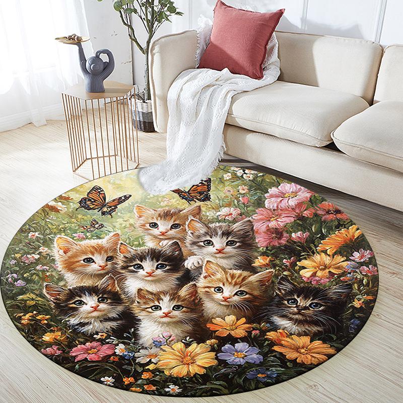 Kittens in Flowers Round Area Rug,Carpet Rug for Living Room Bedroom Sofa Playroom Decor,Non-slip Floor Mat