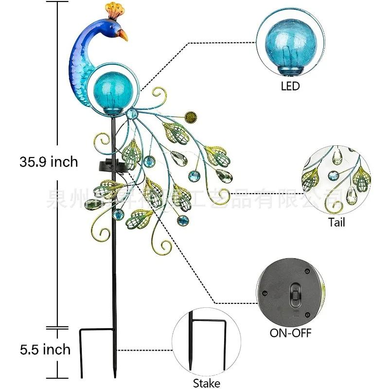 1pc Solarbetriebene Pfauenlampe, Eisenkunst, hohle Feder, Pfau, Outdoor-Hof, Rissball-Lampe, Rasen-Dekorationslampe