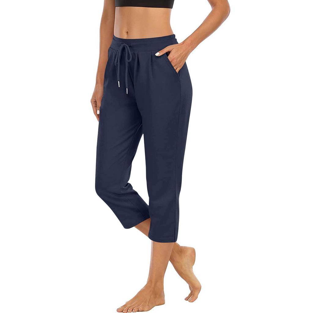 Women Drawstring Waist Capri Pants Soft Lightweight Cropped Lounge Pants with Pockets Relaxed Fit for Daily Wear