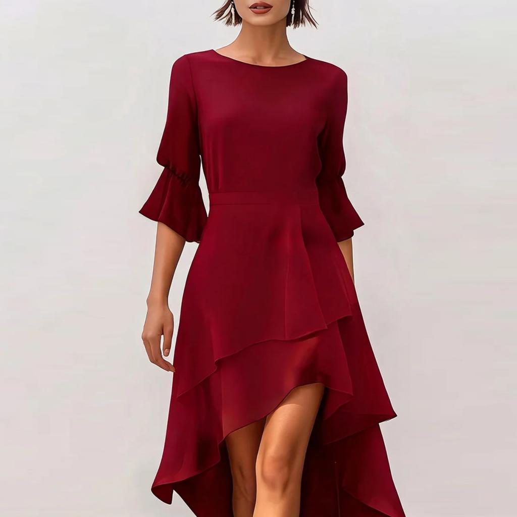 Women's Three-Quarter Sleeve Ruffle Hem Irregular Party Dress