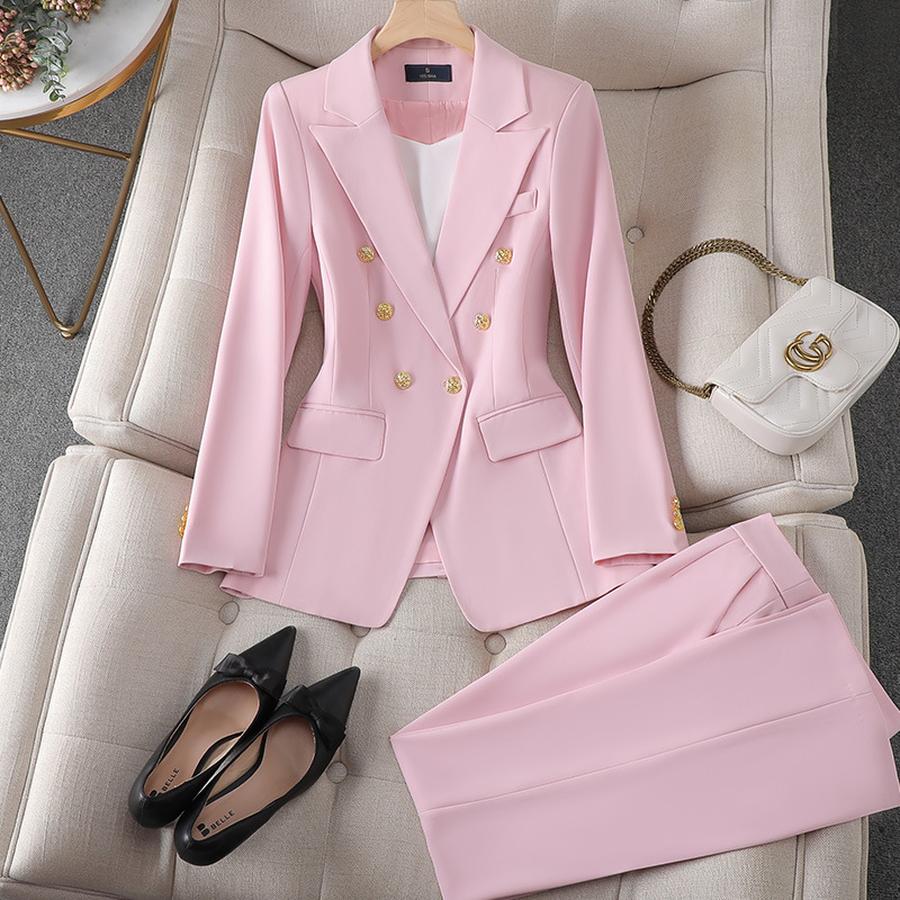 New Pink Red Long Sleeve Blazer Jacket Set Women's Pants & Mini Skirt Outfit Elegant