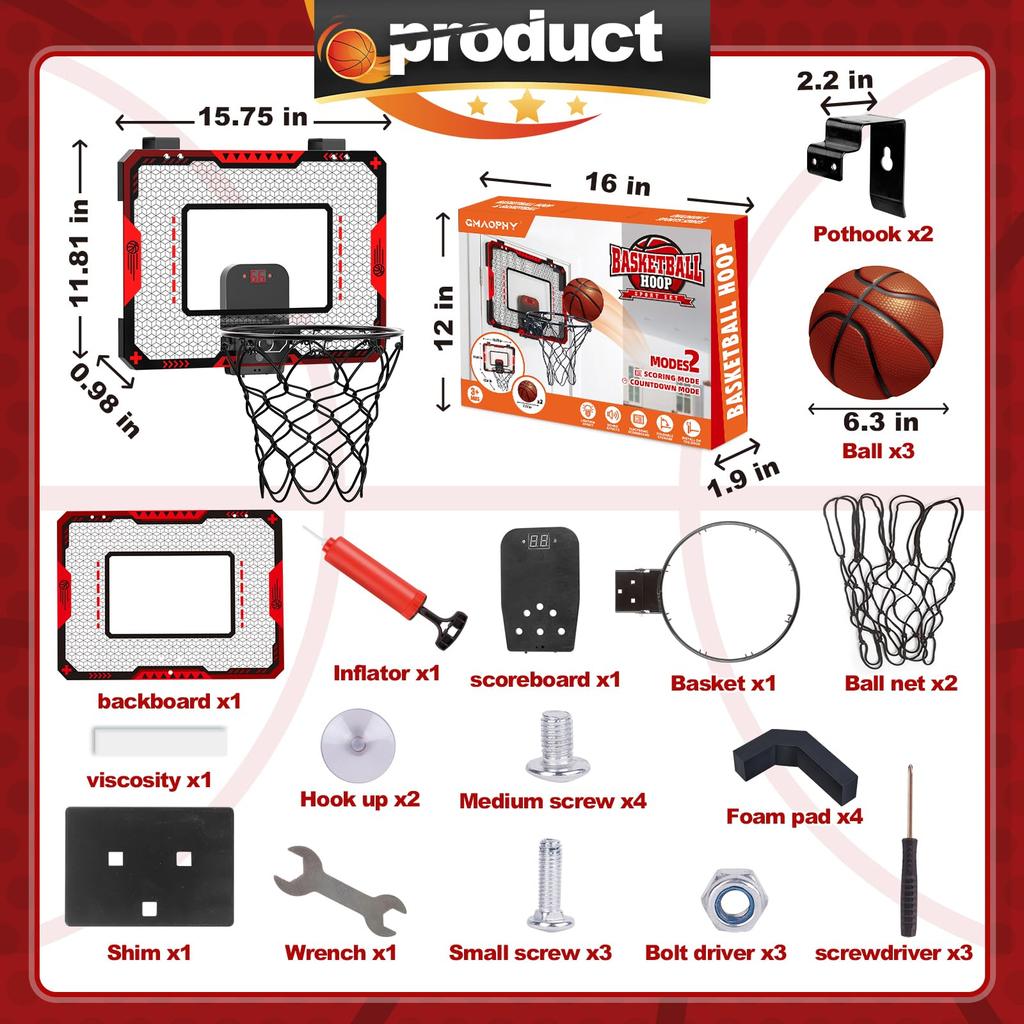 Kids' Indoor Basketball Hoop with Electronic Scoreboard, Mini Over-the-Door Basketball Hoop with 3 Balls, Basketball Sports Toy for Boys Ages 6-8,