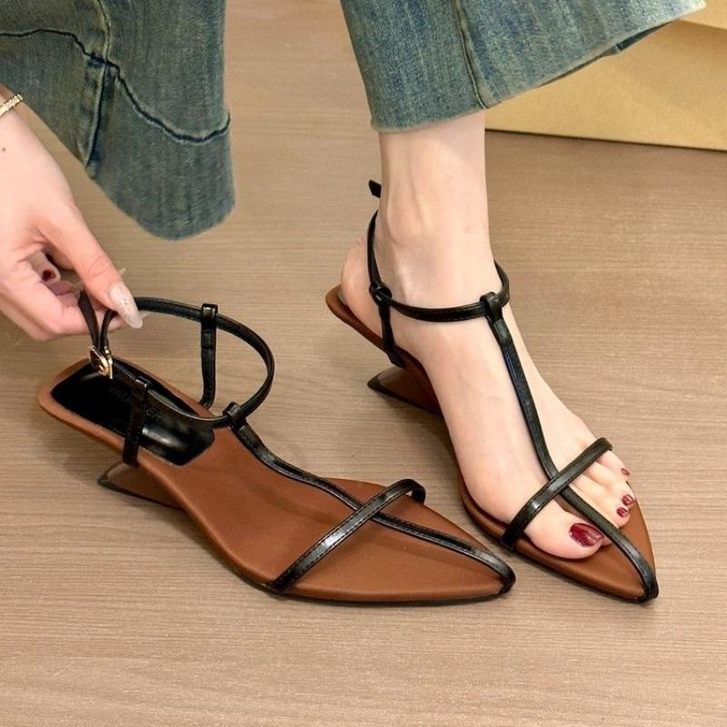 Fashion 205 New  Summer Womens Sandals Narrow Band Low Heels Shoes Fashion Pointed Toe Buckle Strap Zapatos De Mujer