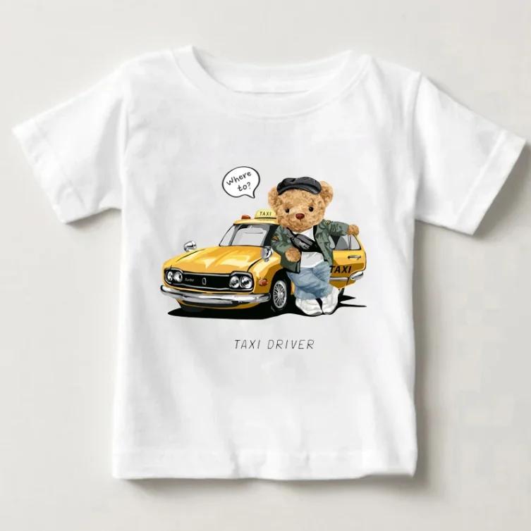 Boys and Girls Ride Motorcycles and Cars in White T-shirts Printed with Bears, Harajuku Baby Fun Clothes, Tops