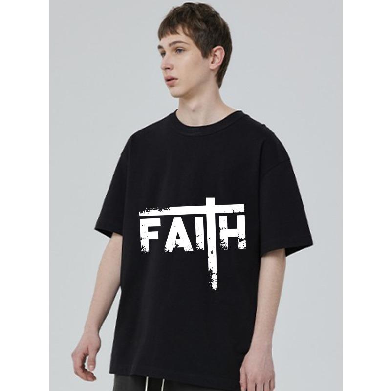 Faith Cross Graphic T Shirt Black Faith Text with Christian Cross Design Casual Wear for Men and Women Streetwear Fashion Church Outfit