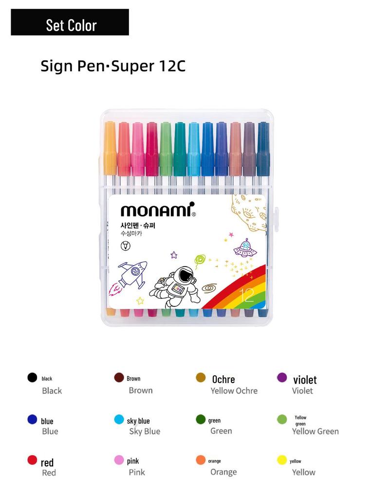 Korea Monami 12-Color Water-Based Sign Pen Set for Writing & Coloring