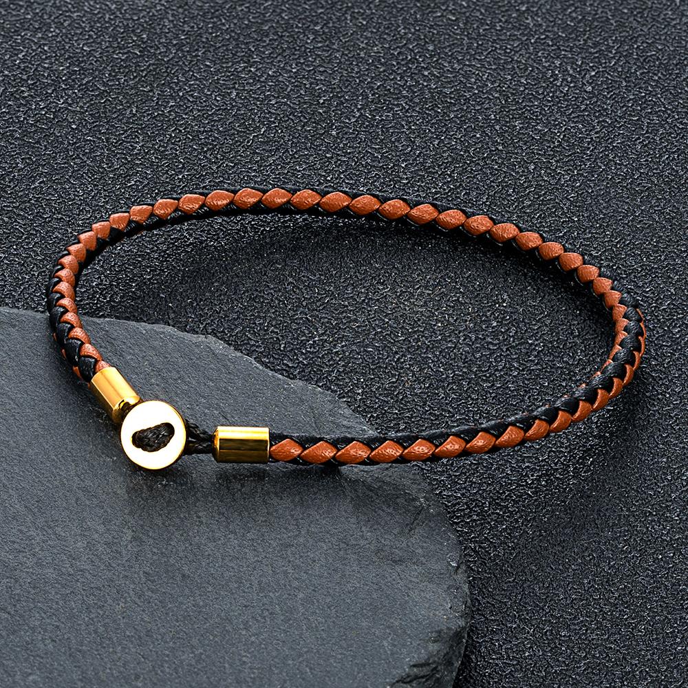 Gold Stainless Steel Button Braided Leather Bracelet For Men Women Couple Jewelry Gifts