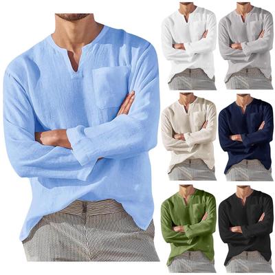 Camisas masculinas casuais de linho cor sólida manga comprida camisas soltas gola alta