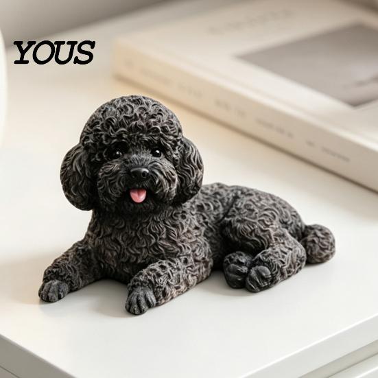 Office Desk Ornament Realistic Teddy Dog Statue, Desktop Small Pet Model, Cute Laying Sculpture Bookshelf Display Piece for Car Dashboard, Desk,