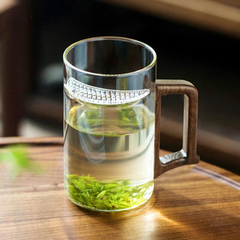 Niyehe Green Tea Cup Crescent Glass Wooden Handle High Temperature Resistant Anti-Scald Filter Large Capacity Home Office Cup
