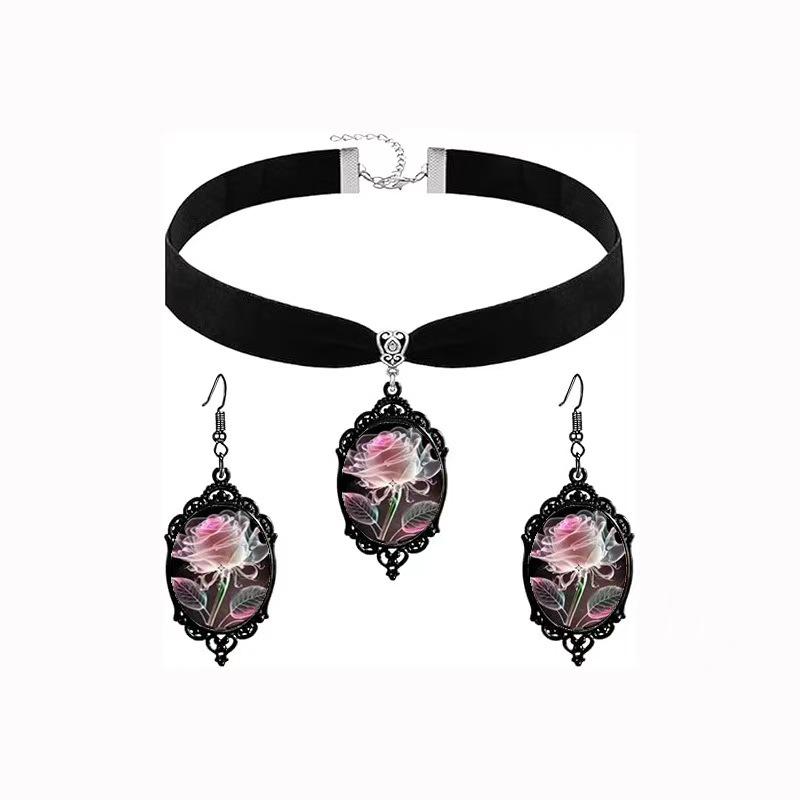 Retro Oil Painting Rose Floral Necklace & Earring Set