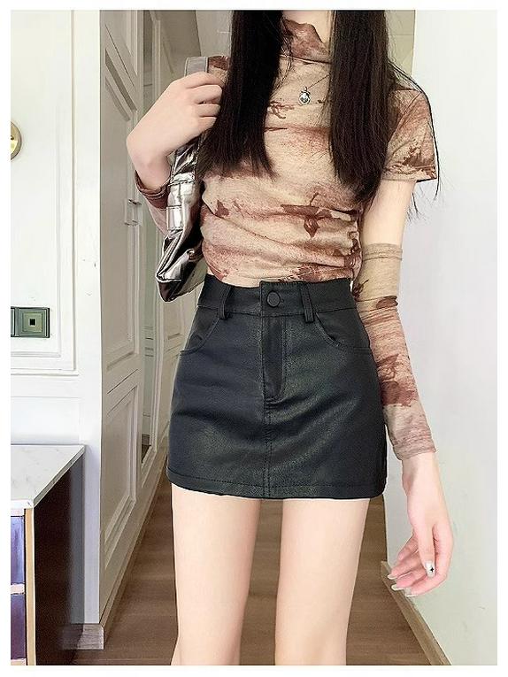 Women's Coffee-Colored PU Leather A-Line Mini Skirt, Petite, High-Waisted, Textured, Hip-Hugging, Autumn Style.