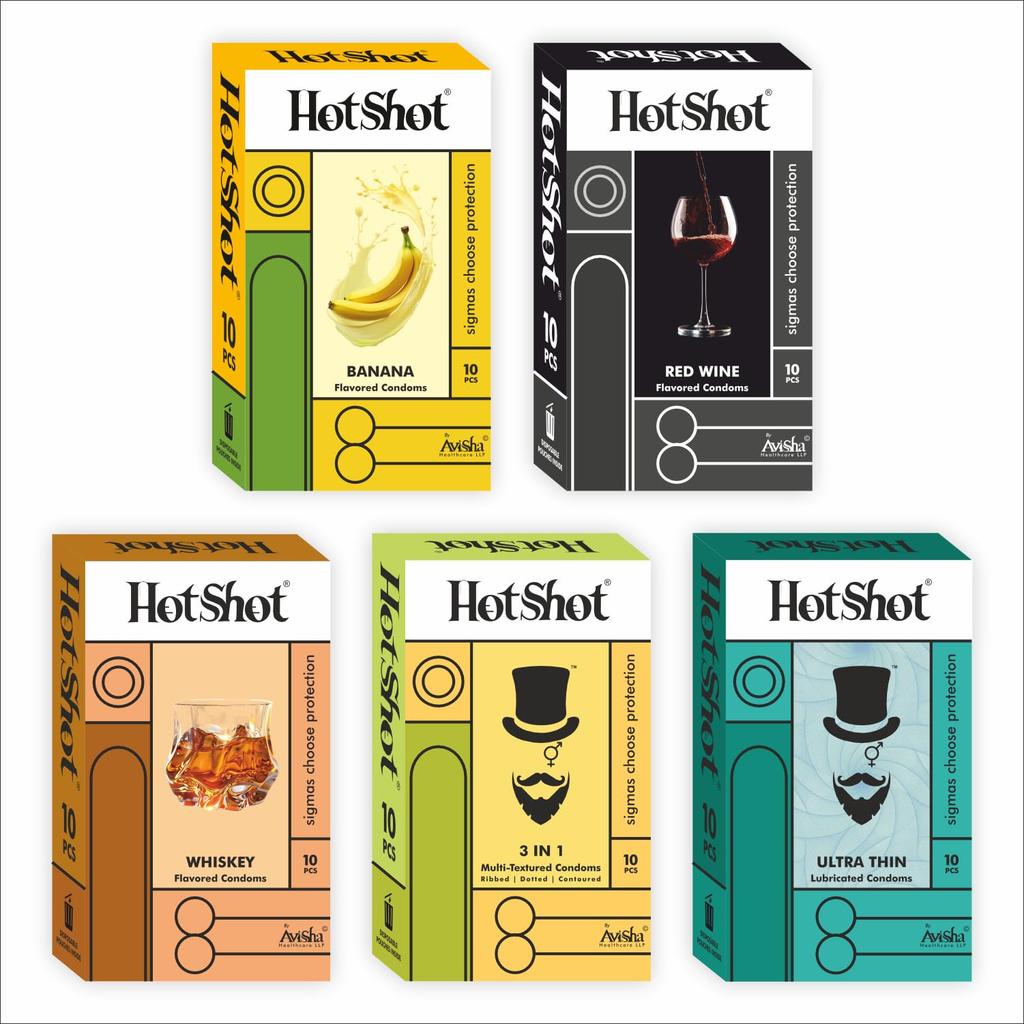 HOTSHOT Condom Combo - 3in1 Dotted & Ribbed, Ultra Thin, Red Wine and Banana Flavored Condoms, 50 Count