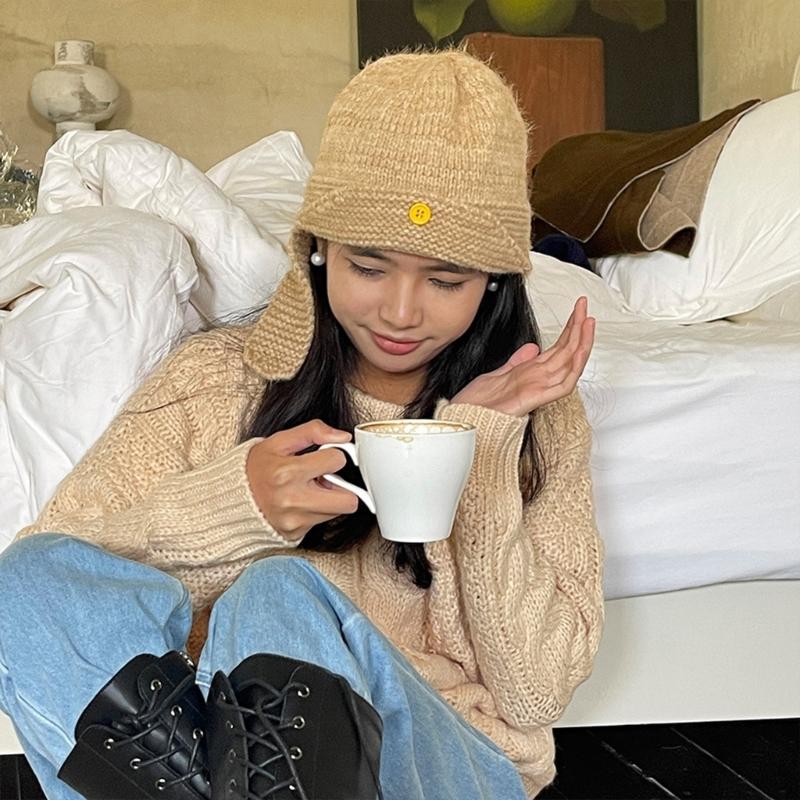 Winter Warm Knit Hat for Women Girl Button EarFlap Beanie Hat Outdoor Activity Scarf Cap Windproof Headwear Pullover Hat