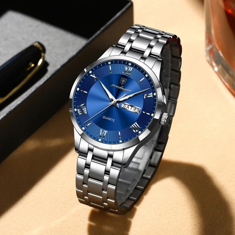POEDAGAR Luxury Man Clock Waterproof Luminous Week Date Fashion Men's Wristwatch Stainless Steel Business Quartz Watches For Men