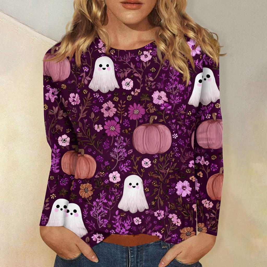 Women's Fashion Casual Halloween Printed Round Neck Long Sleeve Pullover Top