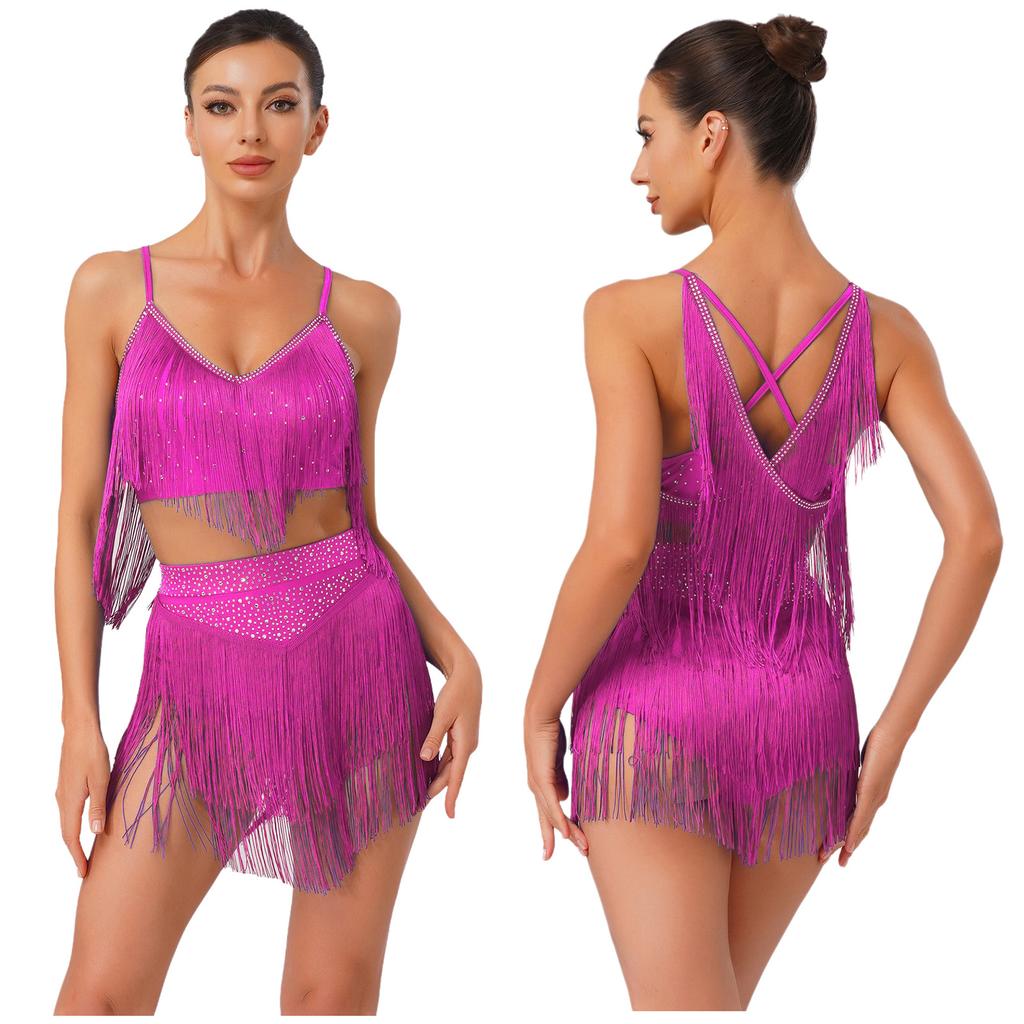 Costume da Danza Latina da Donna S-XXL: Top con Scollo a V Senza Maniche Incrociato sulla Schiena e Frange & Gonna a Strati con Nappe per Gara