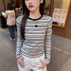 Women Vintage Color Block Striped Crew Neck Long Sleeve Slim Fit Casual T Shirt Top