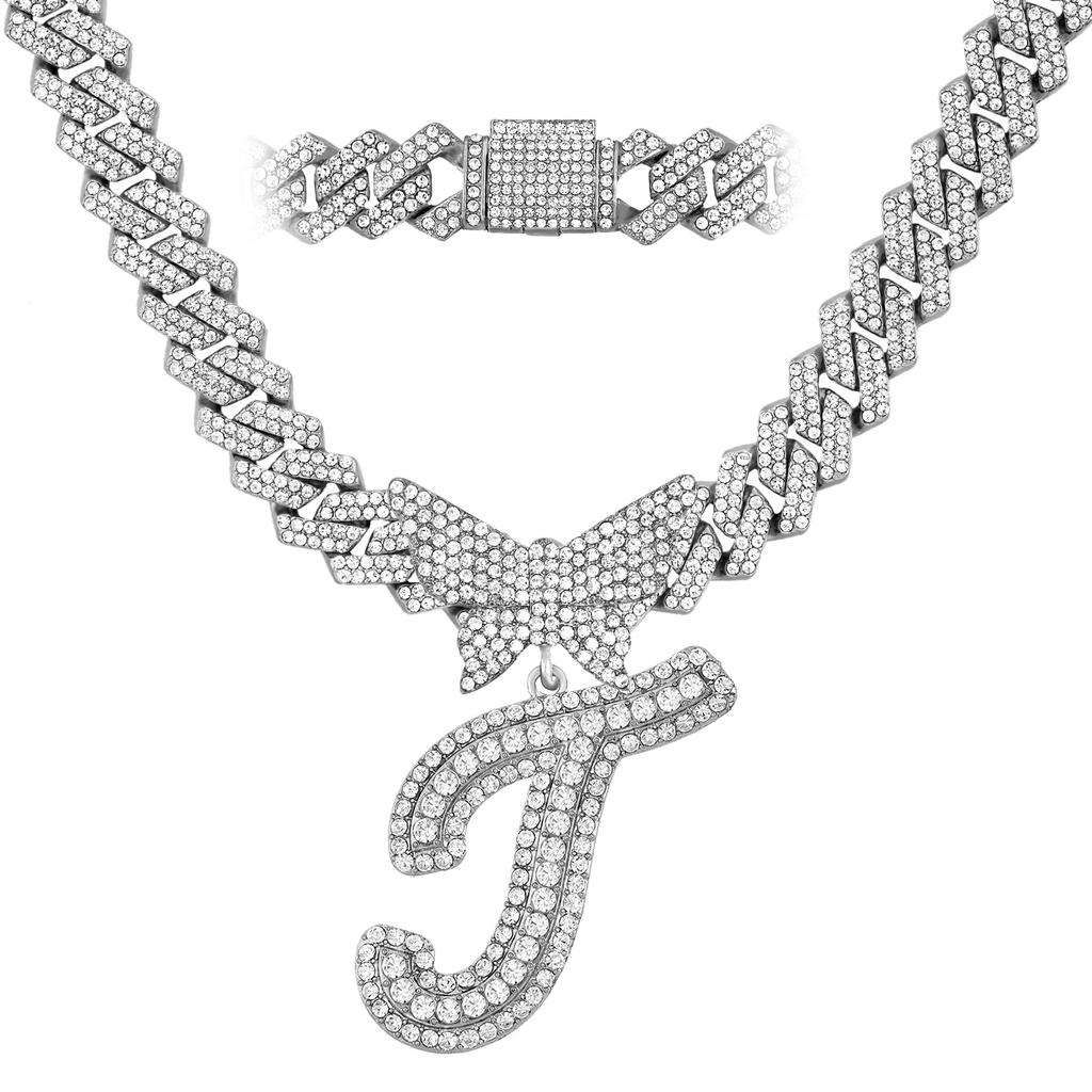 Men Women 14MM Cuban Chain Crystal Butterfly Initials Name Pendant Necklace Iced Out Cursive Letters Rapper Necklace Jewelry New