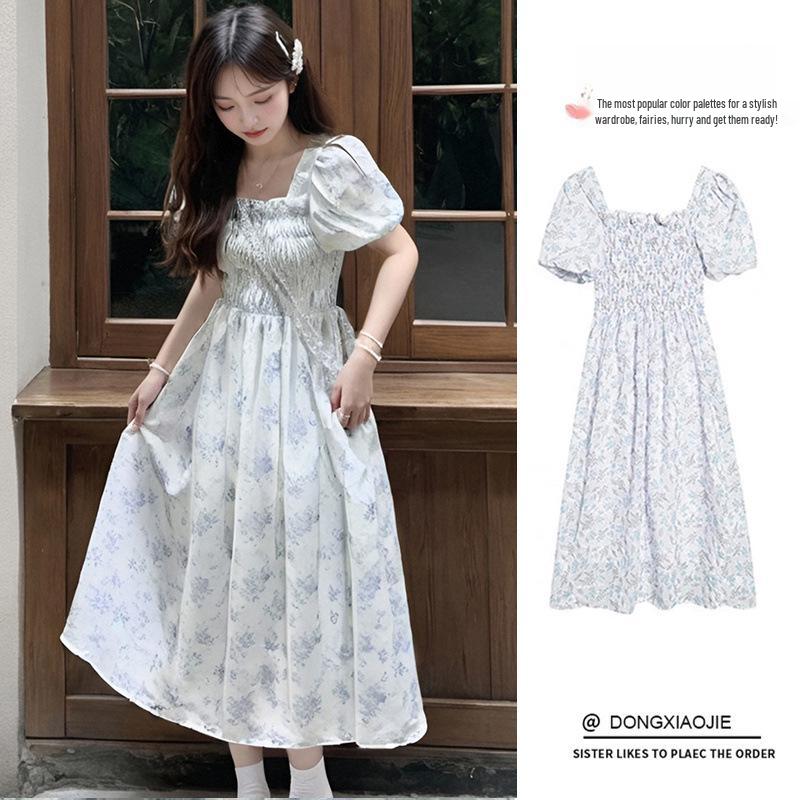 Elegant French Floral Bubble Sleeve Summer Dress XL for 115-125 jin