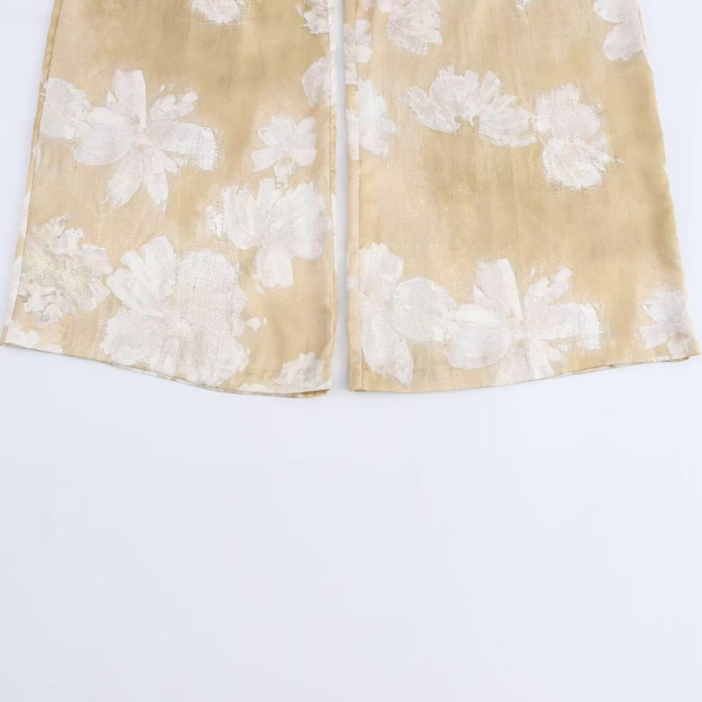 Autumn 2024 Floral Print Satin Shirt and Pants Set for Women - European American Style