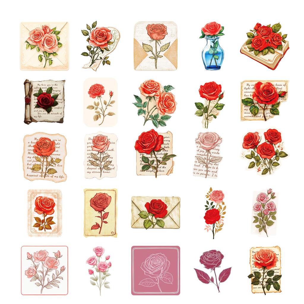50Pcs Vintage Rose Stickers Set - Romantic Graffiti Decals for Valentine's Day & Journal Decor